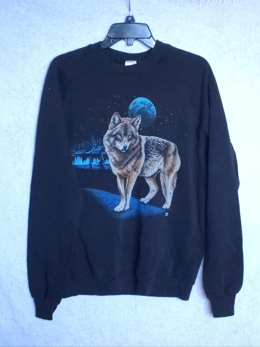 Jerzees Black Crewneck Sweatshirt with Blue Moon Wolf Graphic